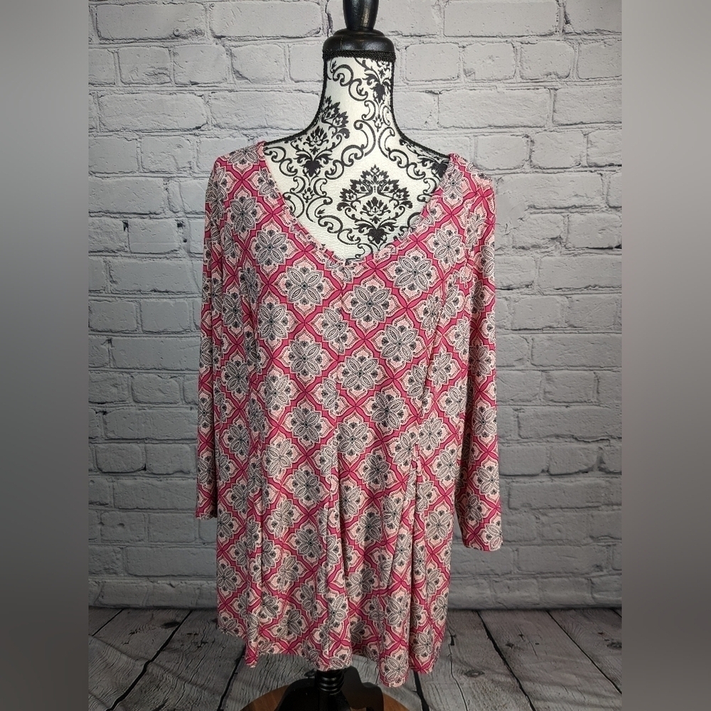 Roz & Ali Women's Plus Size Stretch Knit Floral Print Long Sleeve Tunic BBIN